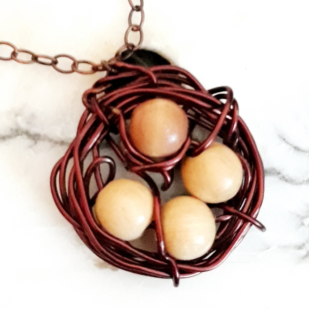 Handmade Copper Wire Wrapped Bird Nest with Wooden Bead Eggs Pendant with Chain